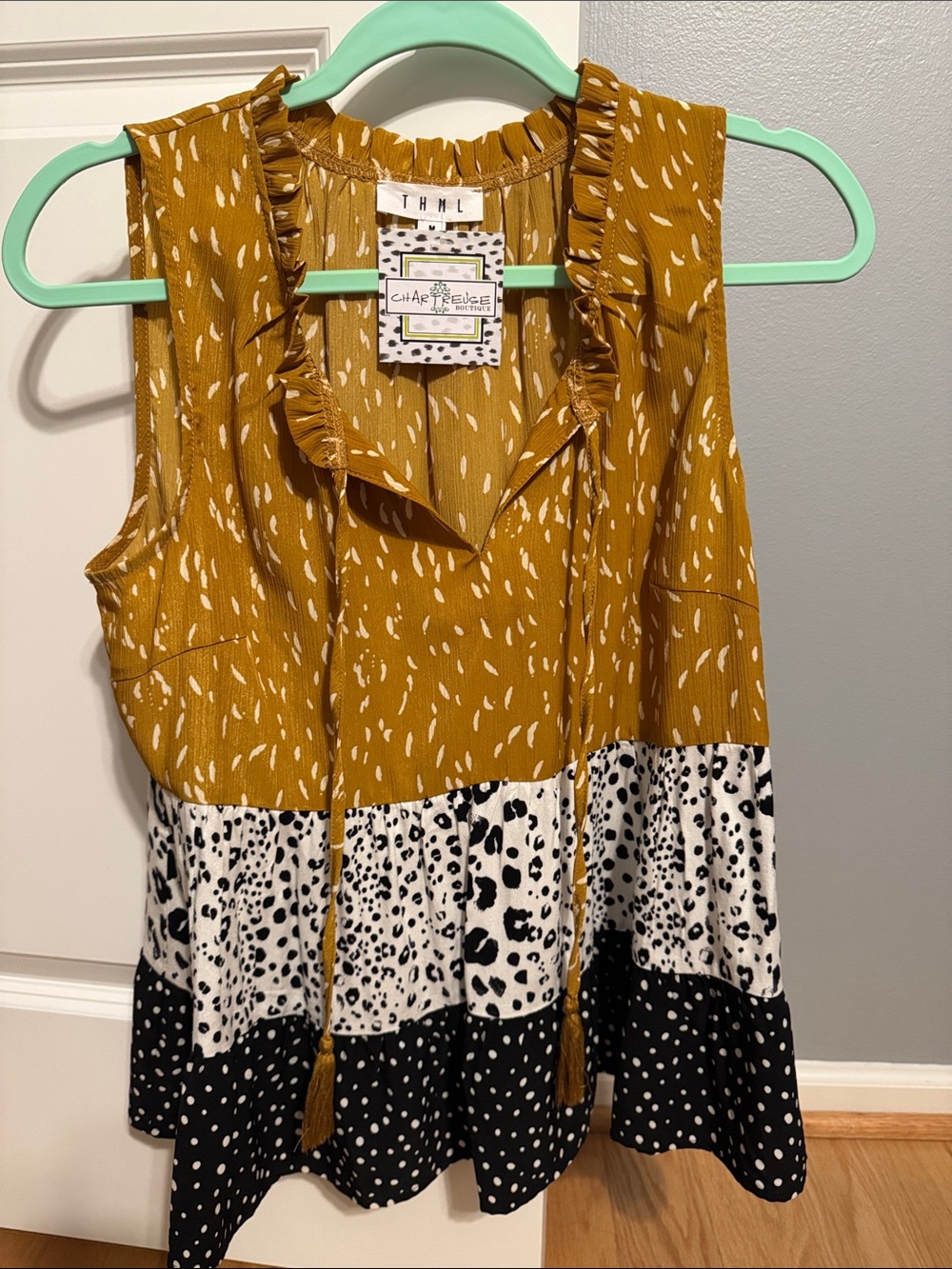 THML Mustard, Black & White Mixed-Print Sleeveless Tiered Blouse